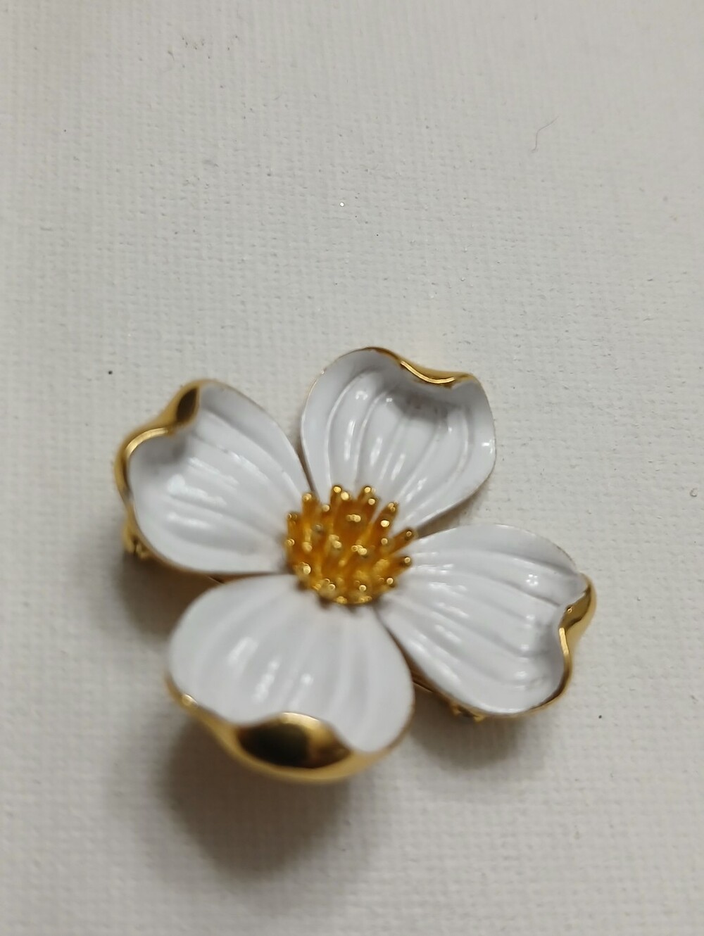 Vintage Crown Trifari White Enamel Dogwood Floral Brooch Pin with Gold Accents